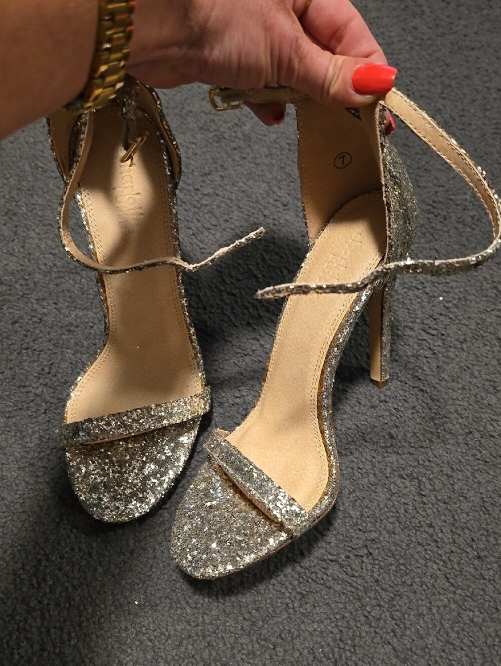 Gold Glitter Ankle-Strap High Heel Sandals - Picture 7 of 8